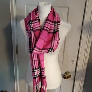 Pink and Black Tartan 100% Chasmere  Scarf with Fringed Ends